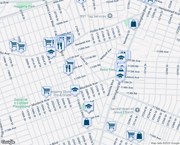 map of restaurants, bars, coffee shops, grocery stores, and more near 112-18 210th Street in Queens