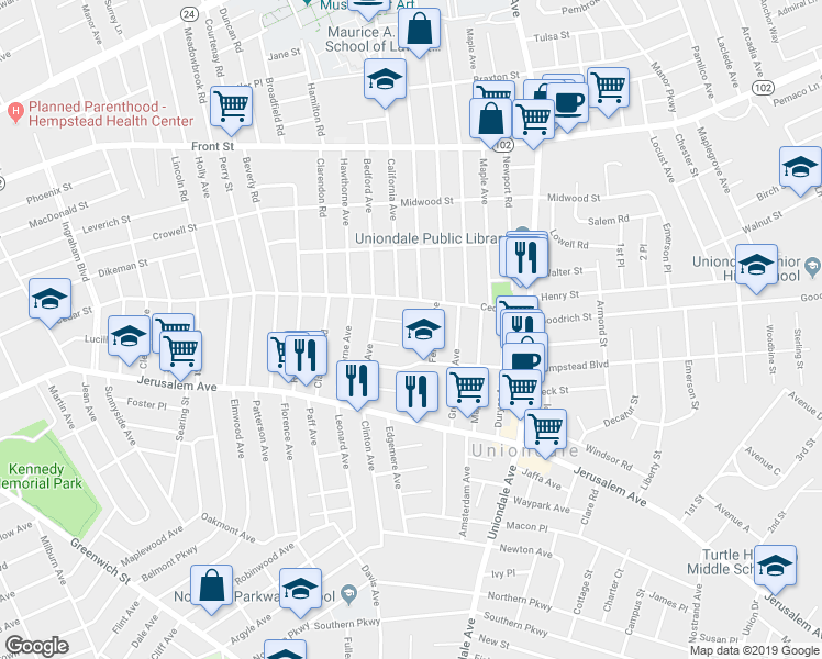 map of restaurants, bars, coffee shops, grocery stores, and more near 510 Mize Court in Uniondale