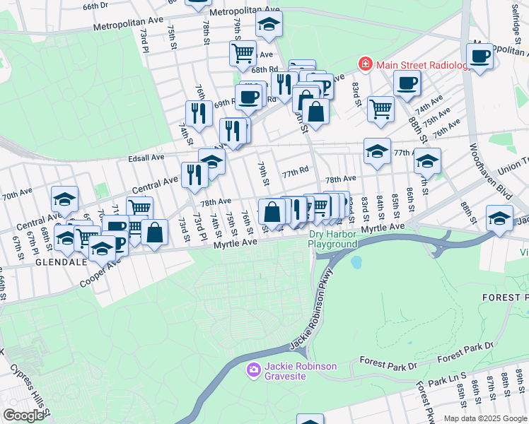 map of restaurants, bars, coffee shops, grocery stores, and more near 78-21 78th Street in Queens