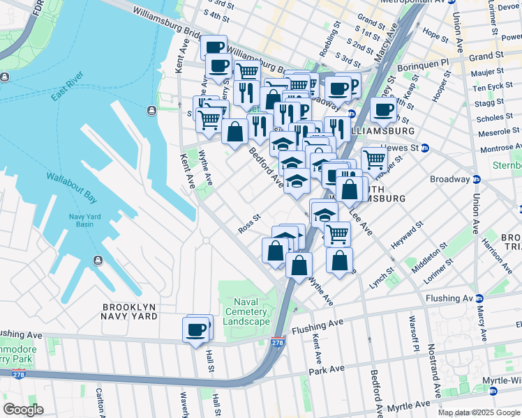 map of restaurants, bars, coffee shops, grocery stores, and more near 75 Ross Street in Brooklyn