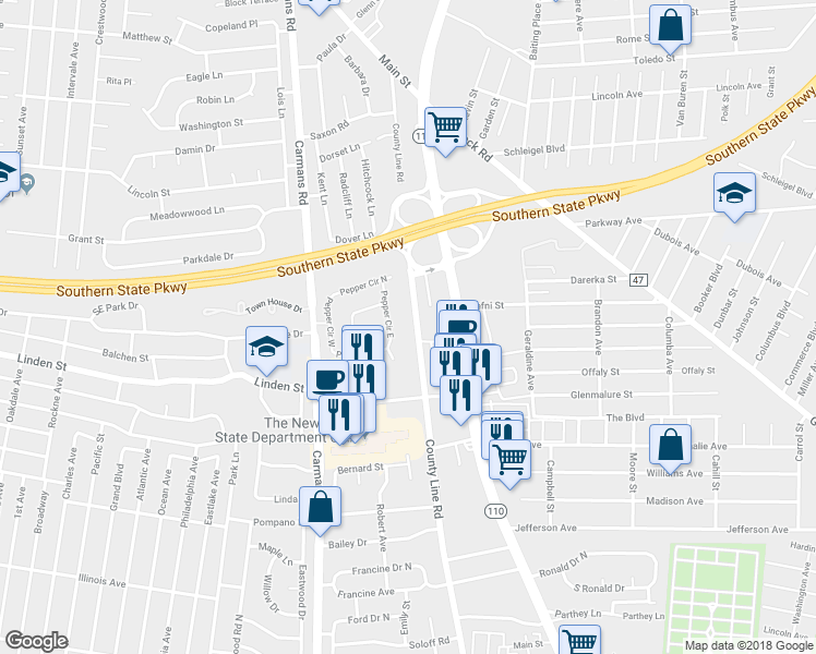 map of restaurants, bars, coffee shops, grocery stores, and more near 870A County Line Road in Amityville
