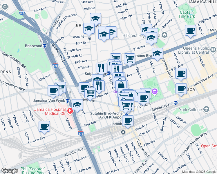 map of restaurants, bars, coffee shops, grocery stores, and more near 88-15 145th Street in Queens