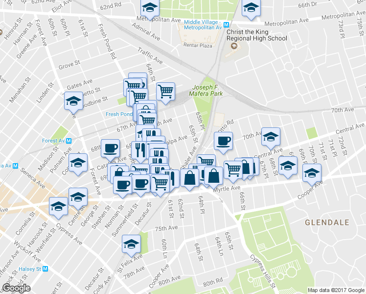map of restaurants, bars, coffee shops, grocery stores, and more near 69-20 64th Place in Queens