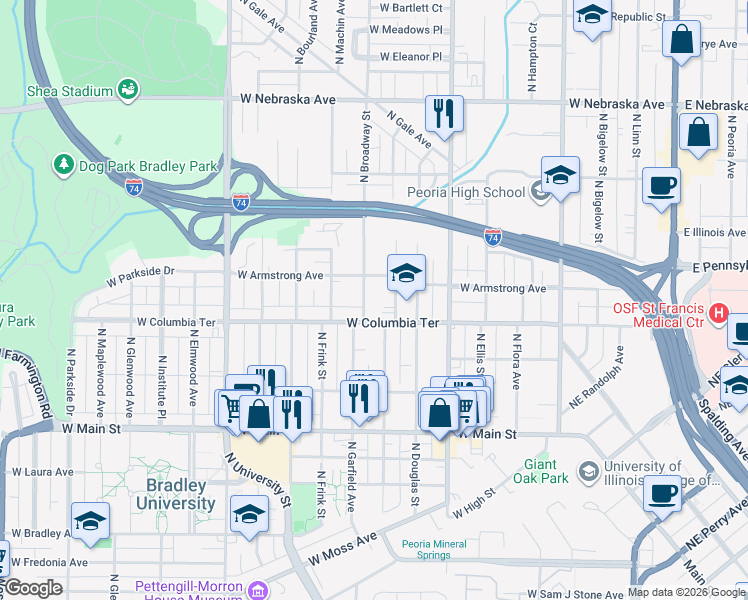 map of restaurants, bars, coffee shops, grocery stores, and more near 1318 North Broadway Street in Peoria