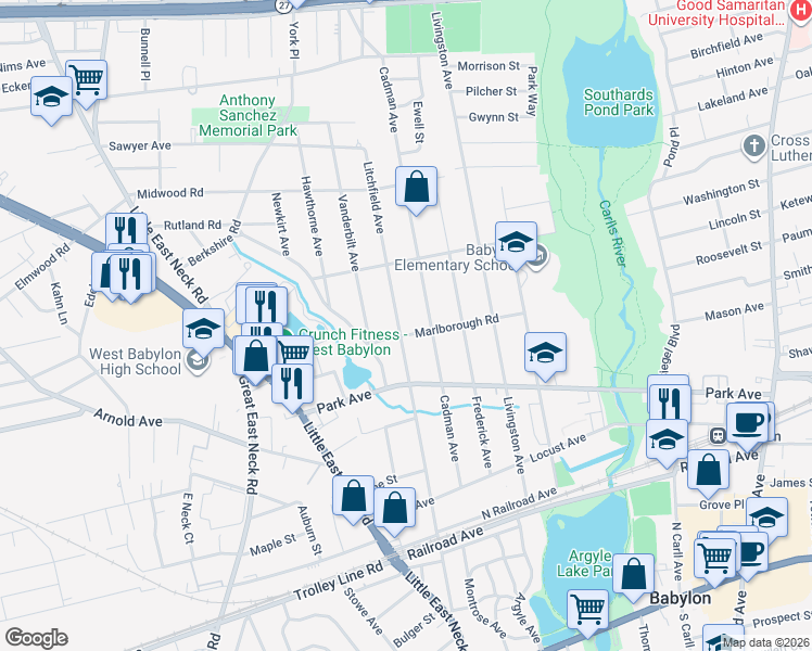 map of restaurants, bars, coffee shops, grocery stores, and more near 235 Litchfield Avenue in Babylon