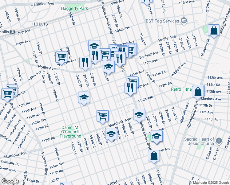 map of restaurants, bars, coffee shops, grocery stores, and more near 111-37 204th Street in Queens