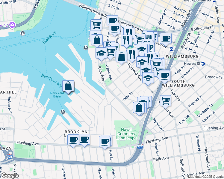map of restaurants, bars, coffee shops, grocery stores, and more near 25 Taylor Street in Brooklyn