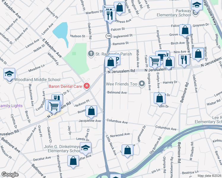 map of restaurants, bars, coffee shops, grocery stores, and more near 750 Taft Street in North Bellmore