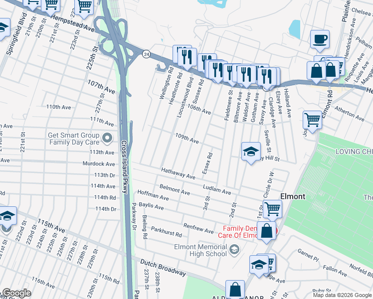 map of restaurants, bars, coffee shops, grocery stores, and more near 159 Sterling Road in Elmont