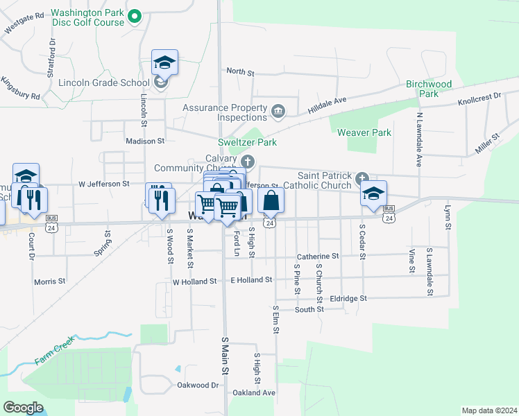 map of restaurants, bars, coffee shops, grocery stores, and more near 105 North High Street in Washington
