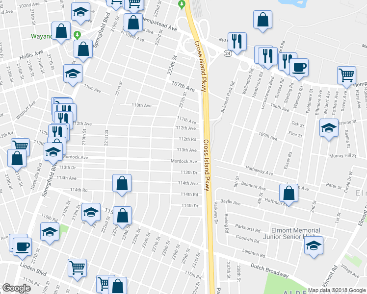 map of restaurants, bars, coffee shops, grocery stores, and more near 227-25 113th Avenue in Queens
