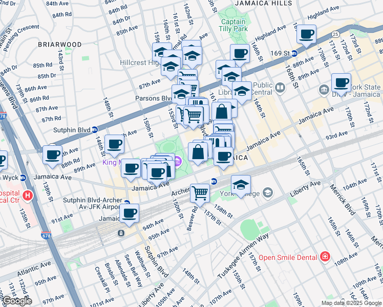map of restaurants, bars, coffee shops, grocery stores, and more near 90-15 153rd Street in Queens