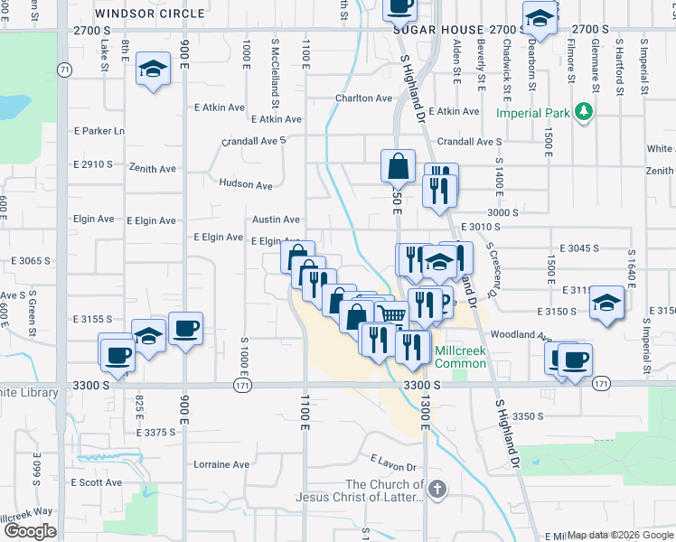map of restaurants, bars, coffee shops, grocery stores, and more near 1227 Brickyard Road in Salt Lake City