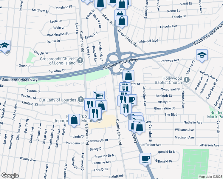 map of restaurants, bars, coffee shops, grocery stores, and more near 870A County Line Road in Amityville