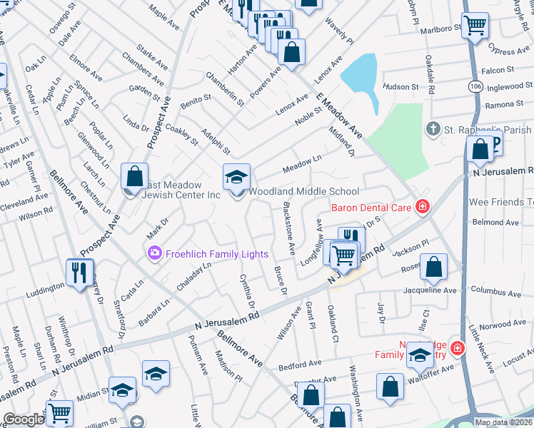map of restaurants, bars, coffee shops, grocery stores, and more near 708 Morris Court in East Meadow