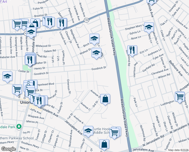map of restaurants, bars, coffee shops, grocery stores, and more near 486 Sterling Street in Uniondale