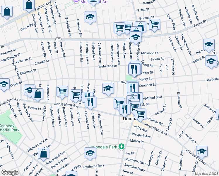 map of restaurants, bars, coffee shops, grocery stores, and more near 469 Fenimore Avenue in Uniondale