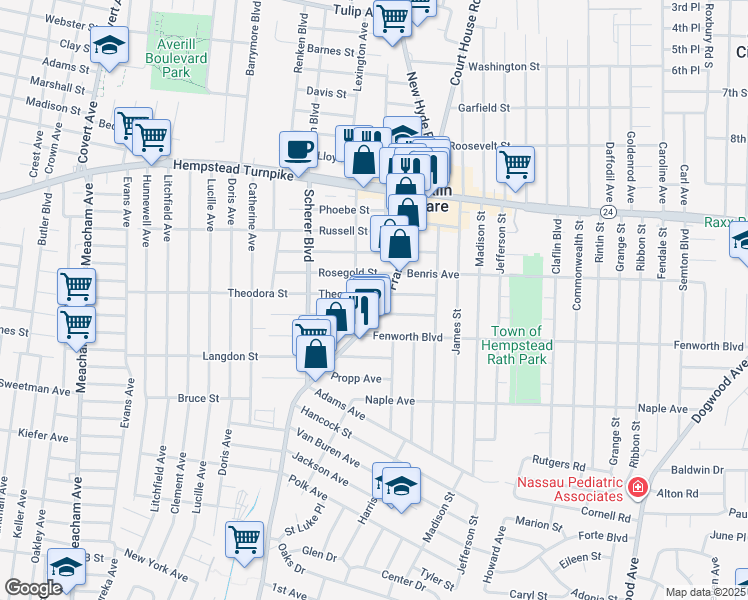 map of restaurants, bars, coffee shops, grocery stores, and more near 1031 Theodora Street in Franklin Square