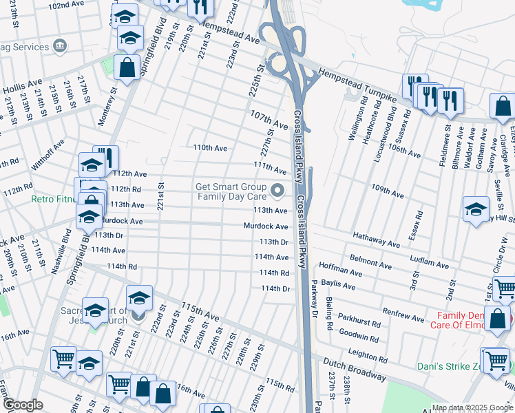 map of restaurants, bars, coffee shops, grocery stores, and more near 227-25 113th Avenue in Queens