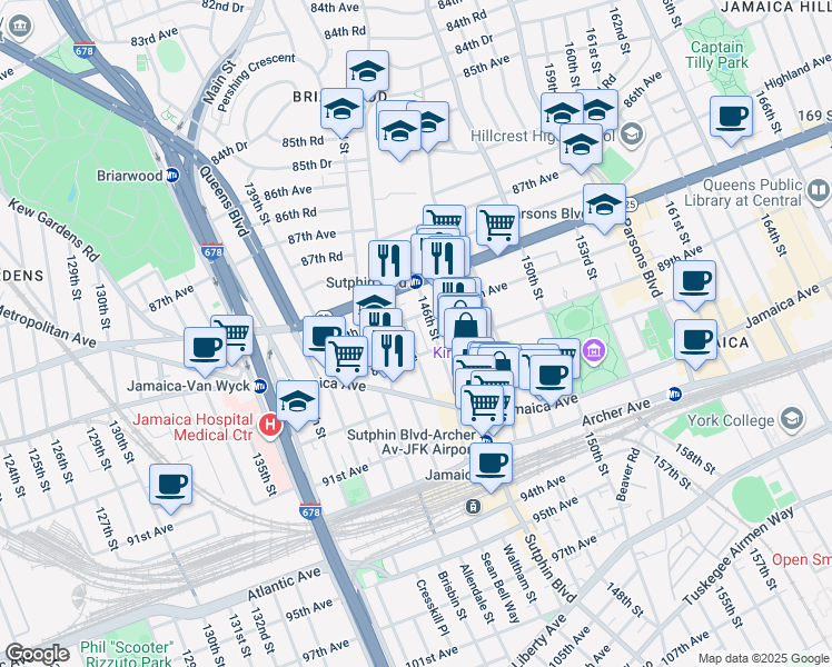 map of restaurants, bars, coffee shops, grocery stores, and more near 88-15 145th Street in Queens