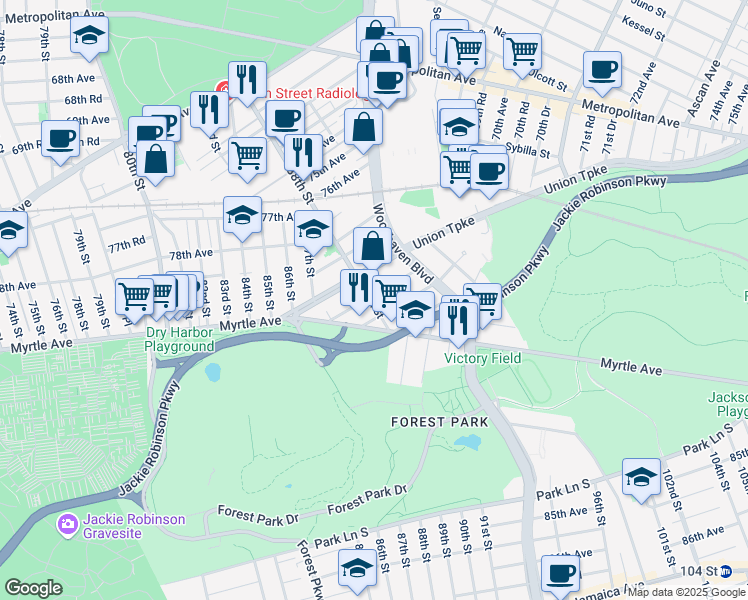 map of restaurants, bars, coffee shops, grocery stores, and more near 87-47 81st Avenue in Queens