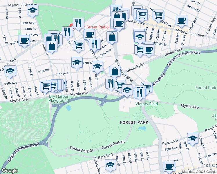 map of restaurants, bars, coffee shops, grocery stores, and more near 87-47 81st Avenue in Queens