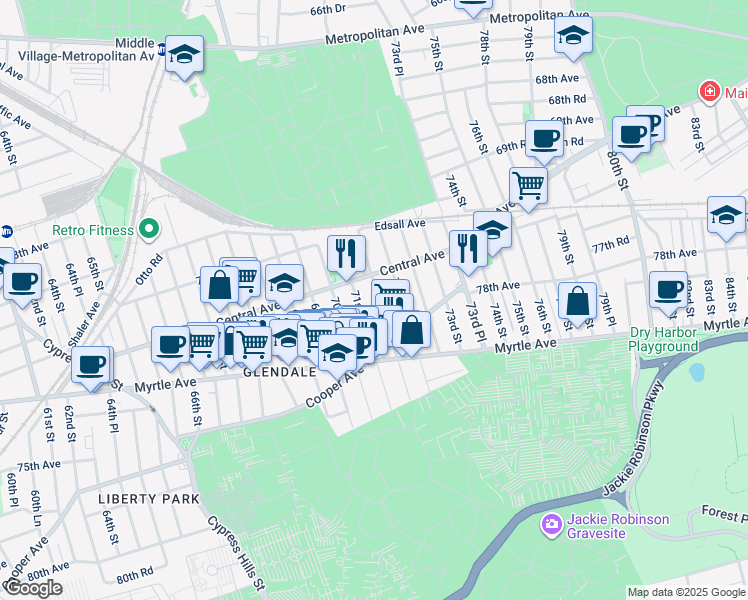 map of restaurants, bars, coffee shops, grocery stores, and more near 71-27 71st Place in Queens