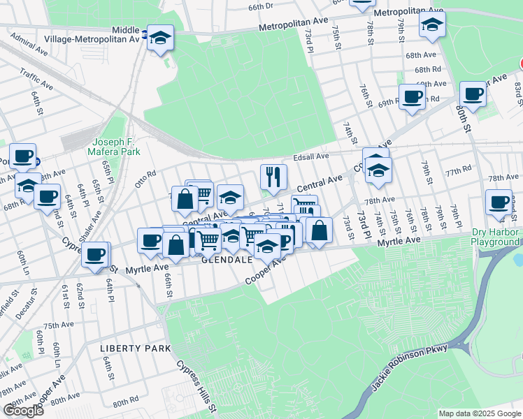 map of restaurants, bars, coffee shops, grocery stores, and more near 71-03 69th Place in Queens