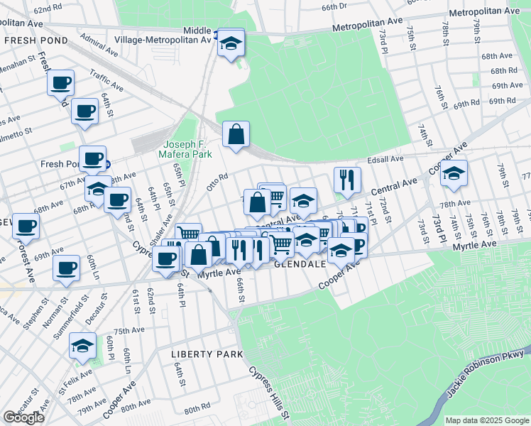 map of restaurants, bars, coffee shops, grocery stores, and more near 70-20 67th Place in Queens