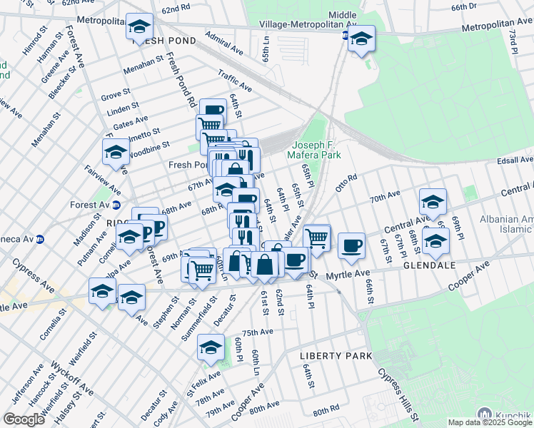 map of restaurants, bars, coffee shops, grocery stores, and more near 6865 Fresh Pond Road in Queens