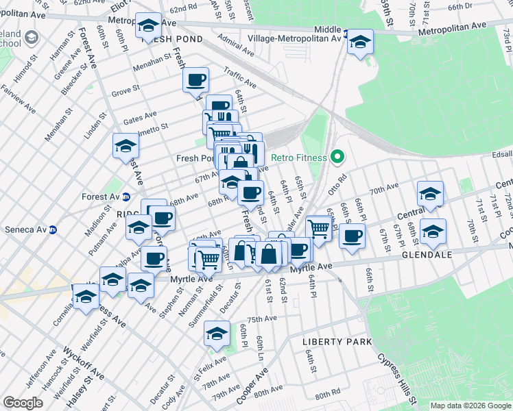 map of restaurants, bars, coffee shops, grocery stores, and more near 6865 Fresh Pond Road in Queens