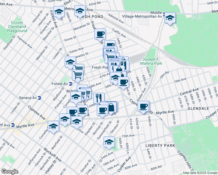 map of restaurants, bars, coffee shops, grocery stores, and more near 60-56 68th Road in Queens