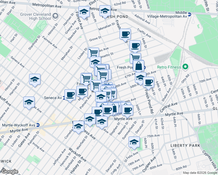 map of restaurants, bars, coffee shops, grocery stores, and more near 67-24 60th Street in Queens