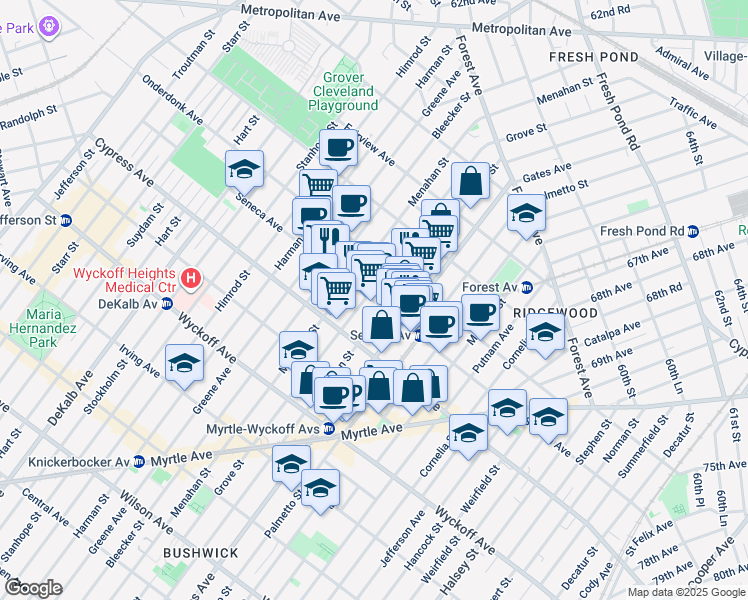 map of restaurants, bars, coffee shops, grocery stores, and more near 6-05 Seneca Avenue in Queens