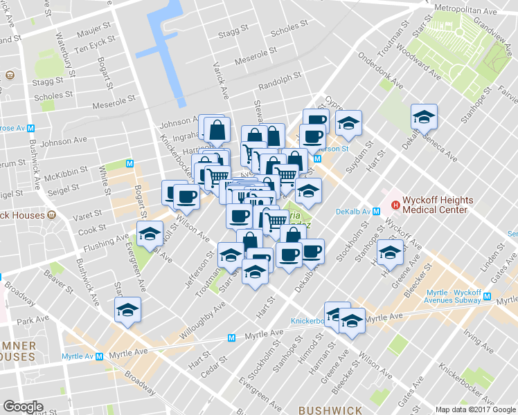 map of restaurants, bars, coffee shops, grocery stores, and more near 272 1/2 Jefferson Street in Brooklyn
