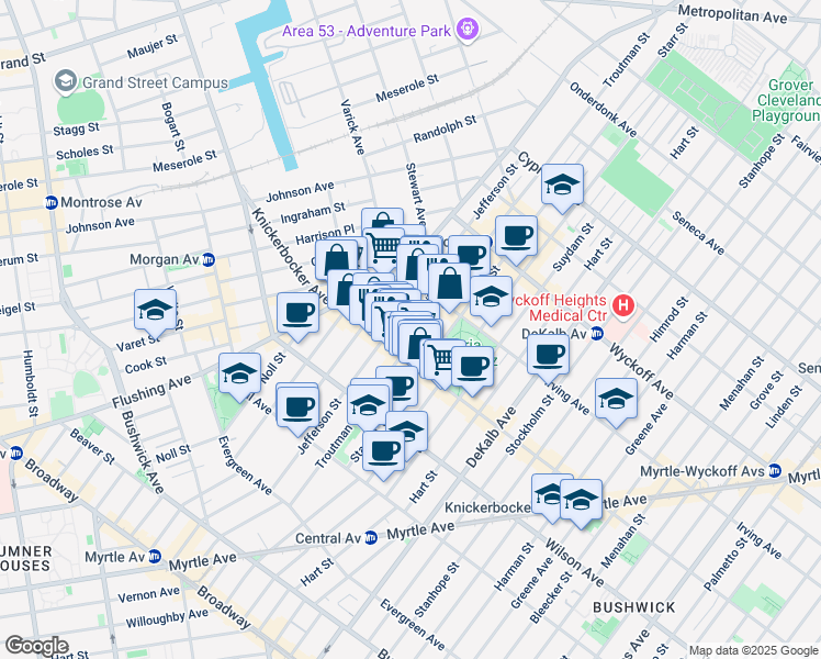 map of restaurants, bars, coffee shops, grocery stores, and more near 272 1/2 Jefferson Street in Brooklyn
