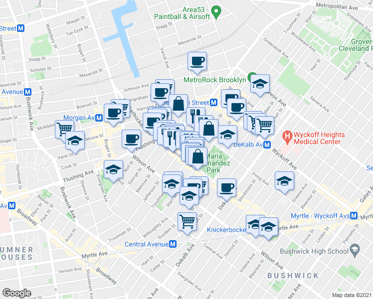 map of restaurants, bars, coffee shops, grocery stores, and more near 272 1/2 Jefferson Street in Brooklyn