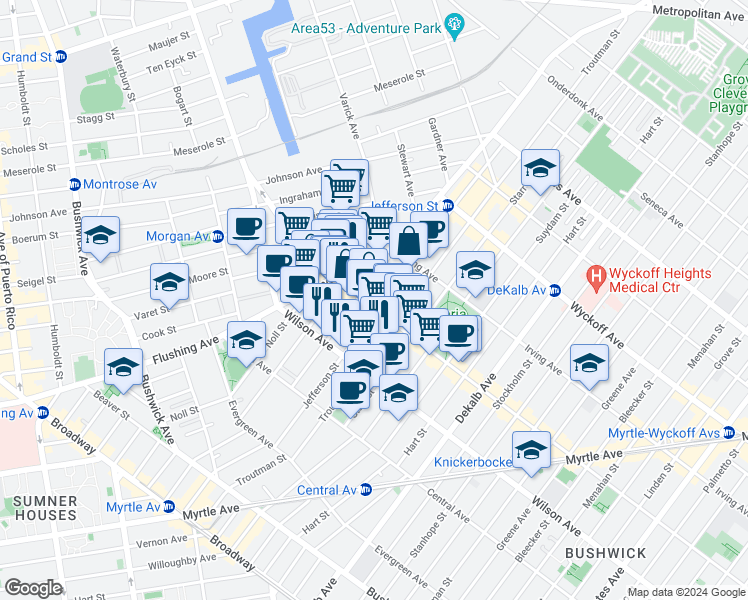 map of restaurants, bars, coffee shops, grocery stores, and more near 172 Knickerbocker Avenue in Brooklyn