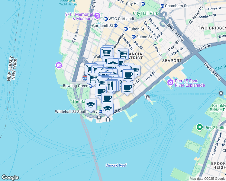 map of restaurants, bars, coffee shops, grocery stores, and more near 31 Bridge Street in New York