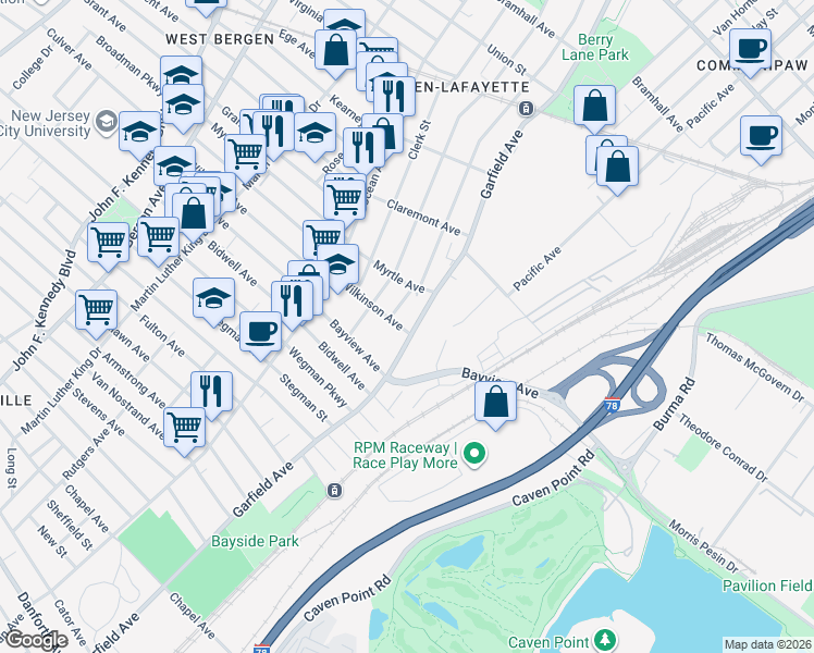 map of restaurants, bars, coffee shops, grocery stores, and more near 12 Wilkinson Avenue in Jersey City