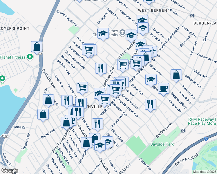 map of restaurants, bars, coffee shops, grocery stores, and more near 12 Bergen Avenue in Jersey City