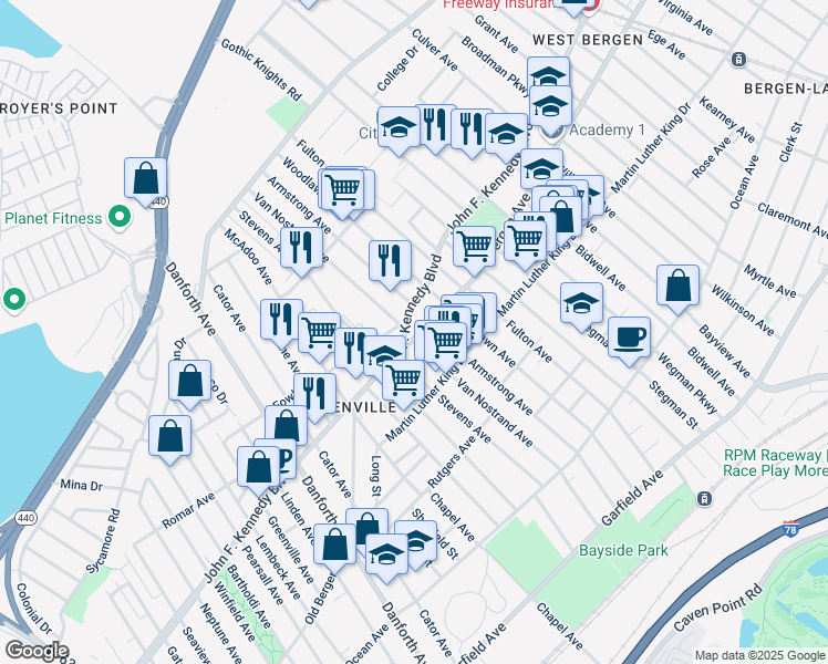map of restaurants, bars, coffee shops, grocery stores, and more near 12 Bergen Avenue in Jersey City