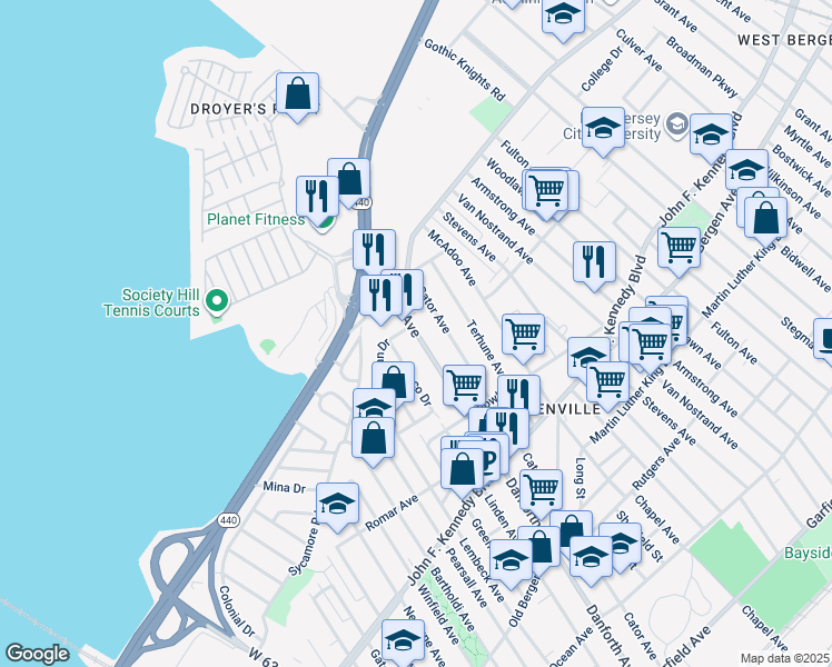 map of restaurants, bars, coffee shops, grocery stores, and more near 371 Cator Avenue in Jersey City