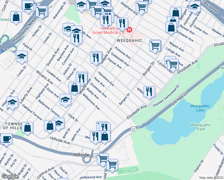 map of restaurants, bars, coffee shops, grocery stores, and more near 100-102 Keer Avenue in Newark