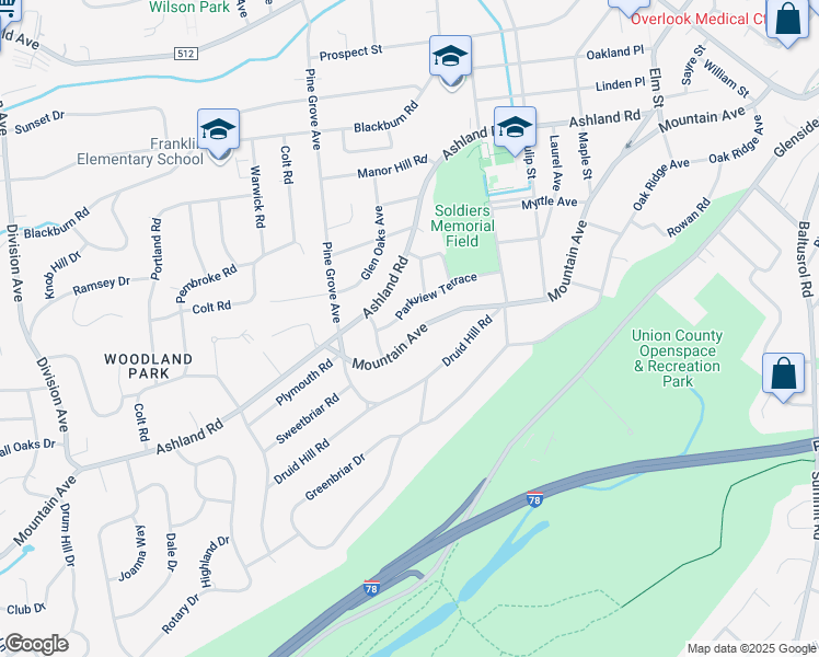 map of restaurants, bars, coffee shops, grocery stores, and more near 201 Mountain Avenue in Summit