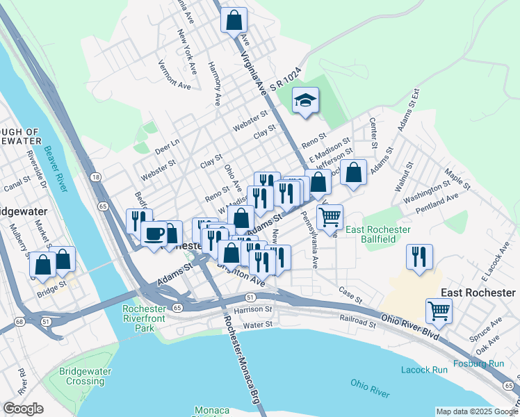 map of restaurants, bars, coffee shops, grocery stores, and more near 381 Jefferson Street in Rochester