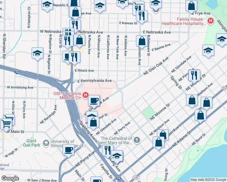 map of restaurants, bars, coffee shops, grocery stores, and more near 815 Northeast Glen Oak Avenue in Peoria