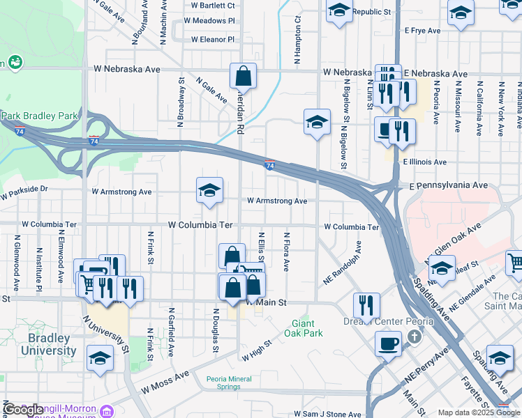 map of restaurants, bars, coffee shops, grocery stores, and more near 1317 North Ellis Street in Peoria