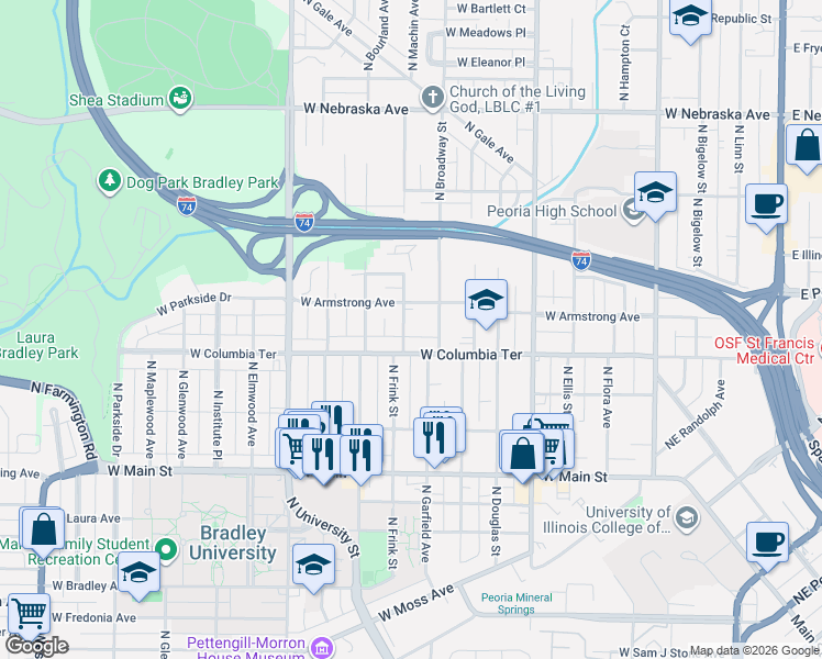 map of restaurants, bars, coffee shops, grocery stores, and more near 1318 North Machin Avenue in Peoria