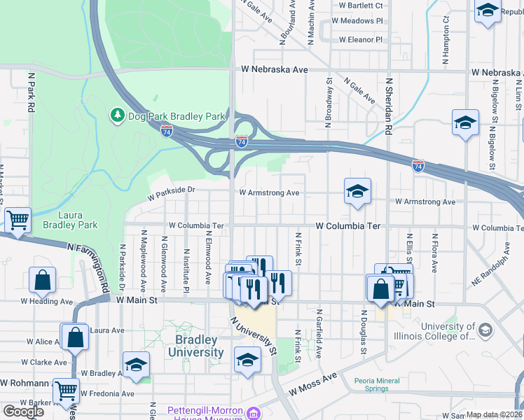 map of restaurants, bars, coffee shops, grocery stores, and more near 1316 North Underhill Street in Peoria